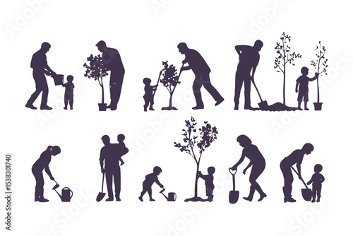 Silhouettes of people gardening. vector set of men and women planting, watering, digging, and taking care of plants and flowers.