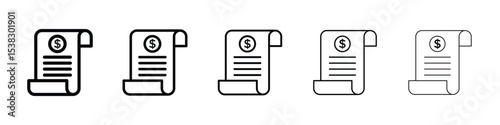 Invoice icons in black stroke designs on white background
