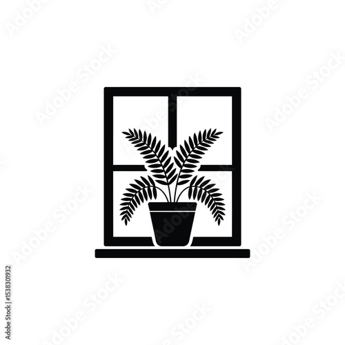 Black and White Silhouette of a Potted Fern Plant on a Windowsill