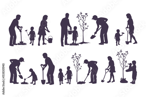 Silhouettes of people gardening. vector set of men and women planting, watering, digging, and taking care of plants and flowers.