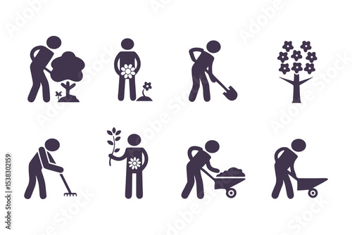 Silhouettes of people gardening. vector set of men and women planting, watering, digging, and taking care of plants and flowers.
