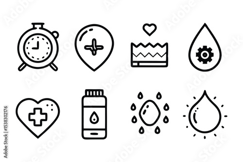 Set of eight simple black and white icons representing healthcare medicine time and nature elements