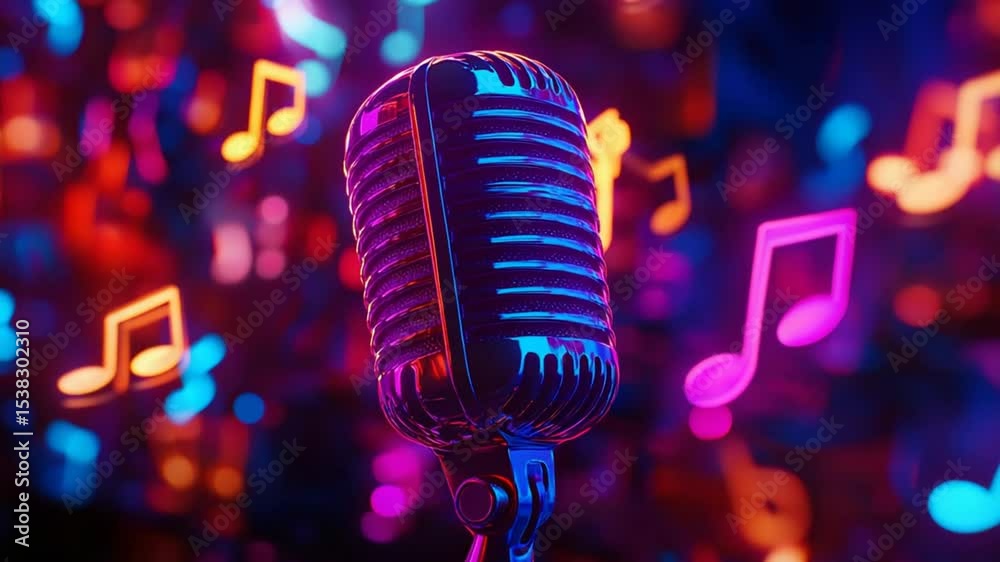Retro microphone in vibrant neon music scene
