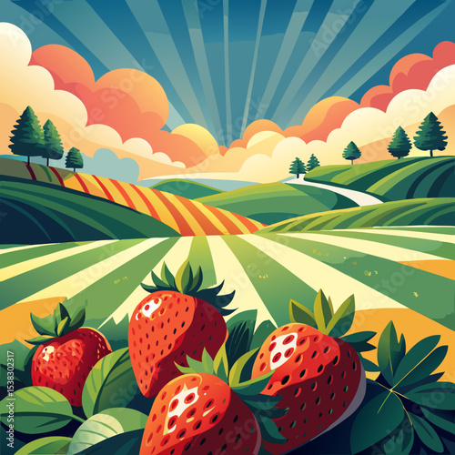 Strawberry field at sunrise with dramatic sky and rays