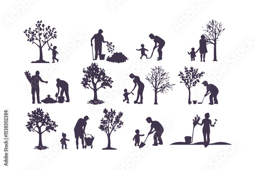 Silhouettes of people gardening. vector set of men and women planting, watering, digging, and taking care of plants and flowers.