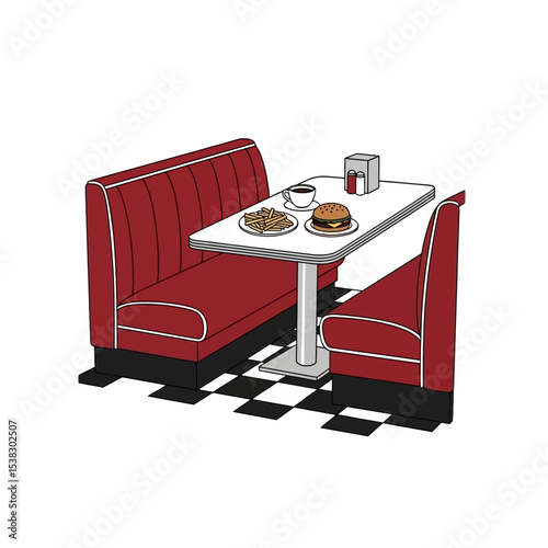 Retro Diner Booth with Meal, Illustration