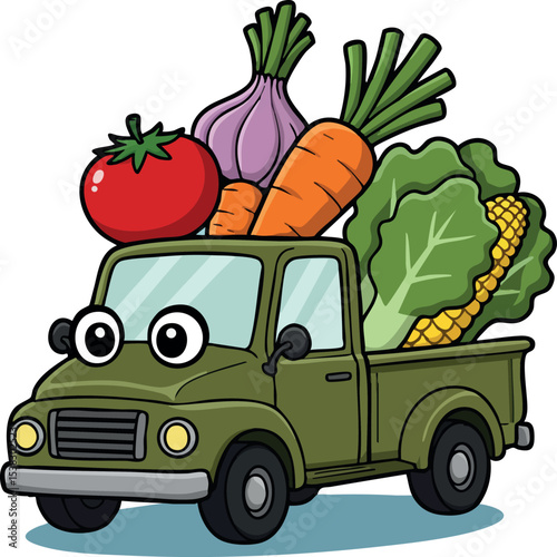 Cartoon green pickup truck carrying fresh vegetables illustration for healthy food delivery 