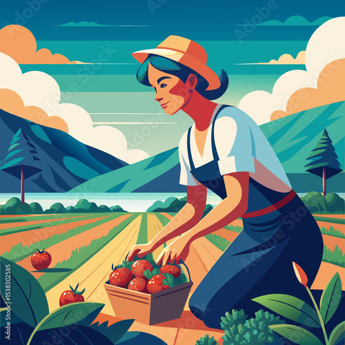 Female farmer picking strawberries in scenic mountain field