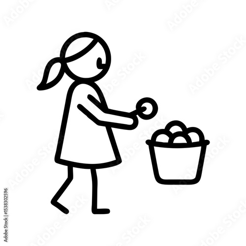 Girl picking fruit icon in black outline style