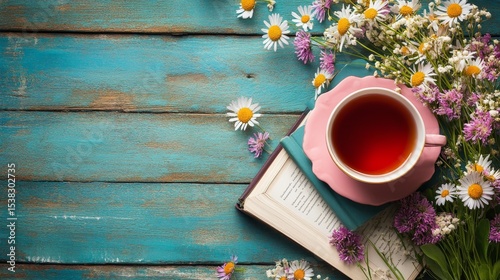 Cup of tea on book with wildflowers bouquet on turquoise wooden background, creating cozy atmosphere for reading and relaxation