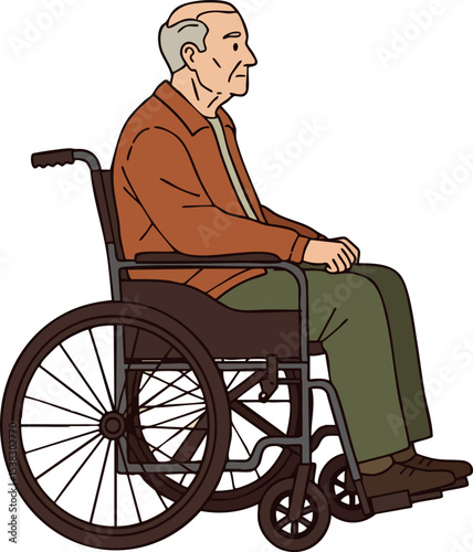 Elderly man sitting in wheelchair wearing brown jacket and green pants vector illustration 