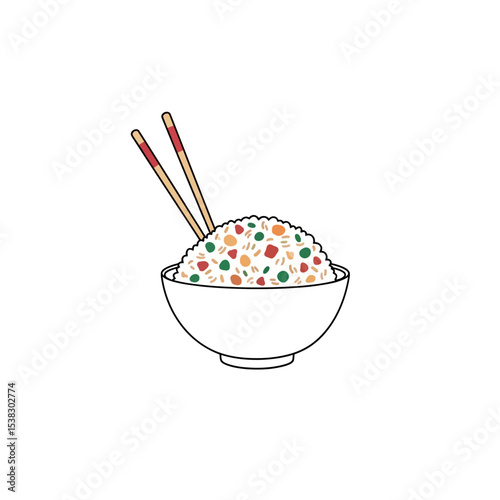 Colorful Fried Rice in Bowl with Chopsticks Illustration