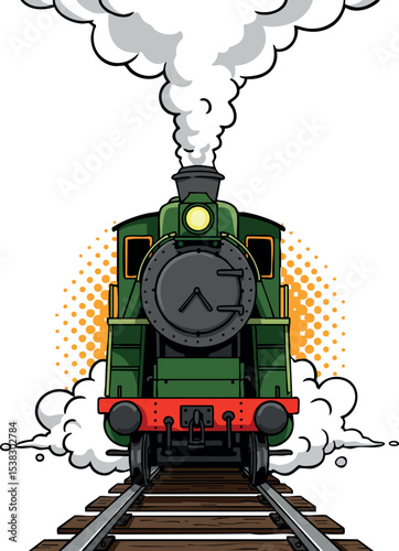 Vintage green steam locomotive train front view with smoke on railway tracks vector 