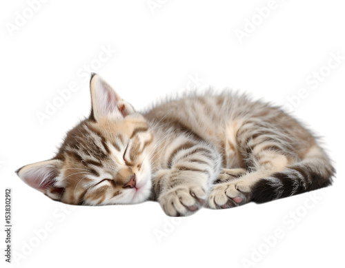Dreamy Kitten: This image features an adorable tabby kitten soundly asleep, showcasing its innocence and tranquility, perfect for evoking feelings of peace and warmth.