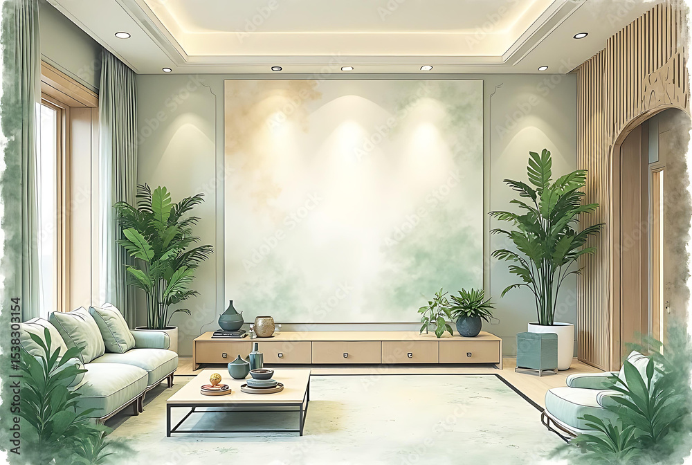 Fototapeta premium Watercolor painting in green and beige of a luxurious modern style home living room.