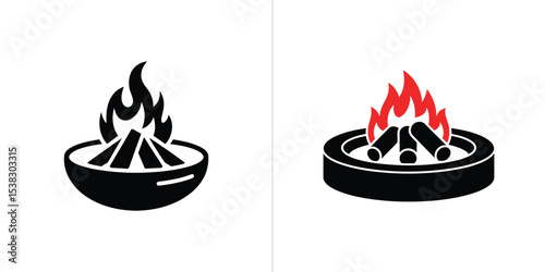 Campfire Icons Wood Burning in Bowls, Fire Pit Elements Isolated On White