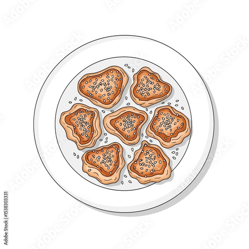 Plate of Fried Dumplings with Sesame Seeds, Illustration