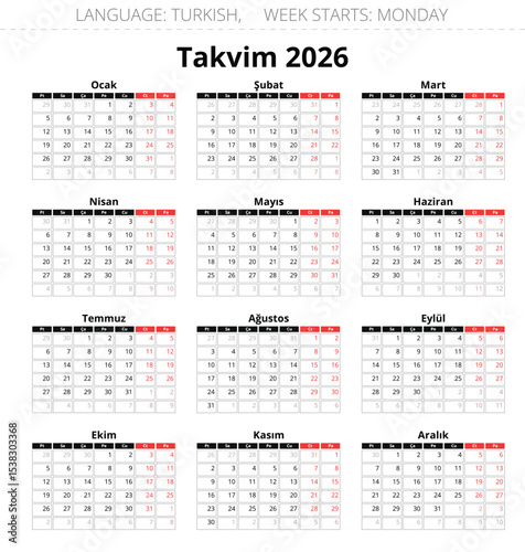 2026 year turkish calendar. Vector illustration Turkey