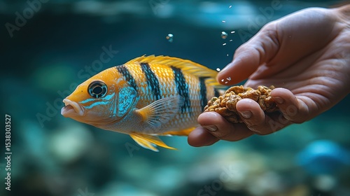 Hand feeding a vibrantly colored fish in an aquarium
