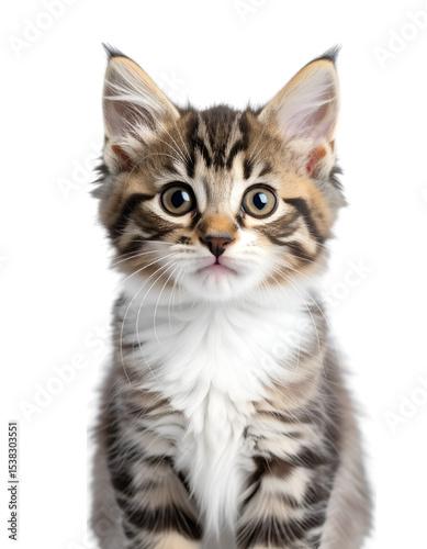 Charming Kitten: A captivating shot of a kitten with its distinctive fur pattern, sitting and gazing at the camera, displaying innocent, purity, and delightful charm.