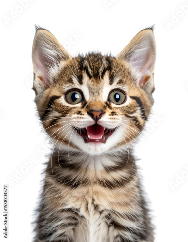 Joyful kitten: A close-up shot capturing the delightful face of a small tabby kitten with wide, expressive eyes, and an open mouth, in an adorable expression of happiness. 