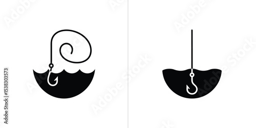 Contrasting Fishing Hooks One with a Swirl, One Straight, Both Submerged in Stylized Black Water