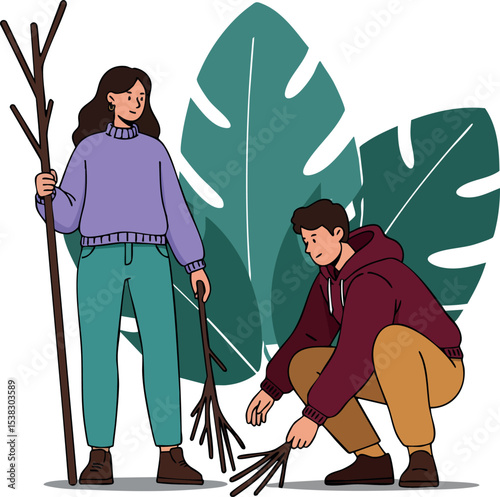 Young people collecting dry branches for nature clean up outdoor activity vector 