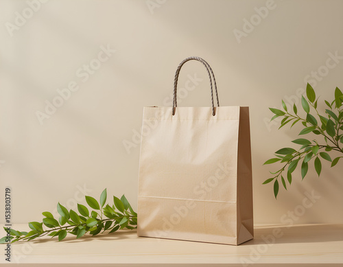Kraft Paper Bag Shopping Mockup Styled with Greenery on Wooden Table

