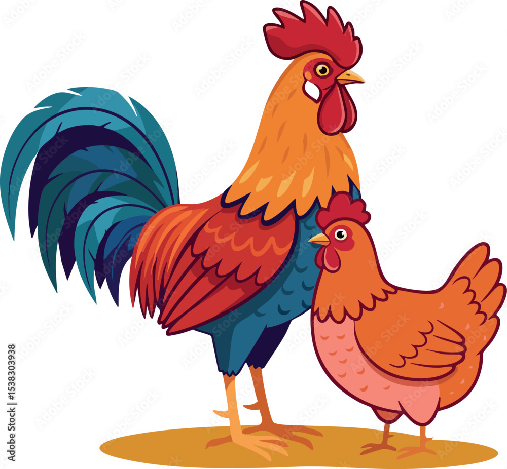 Fototapeta premium Rooster and Hen Farm Birds Vector Illustration with Blue and Orange Feathers 
