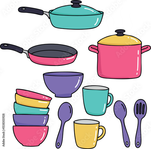 Colorful kitchen cookware set with pans pots bowls spoons and mugs vector illustration 