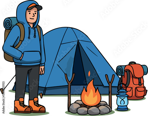 Camper with blue tent and campfire enjoying outdoor adventure in nature vector illustration 