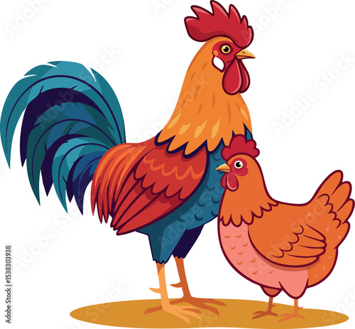 Rooster and Hen Farm Birds Vector Illustration with Blue and Orange Feathers 