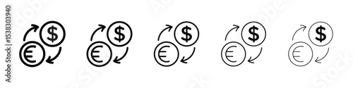 Money exchange icons in black stroke designs on white background