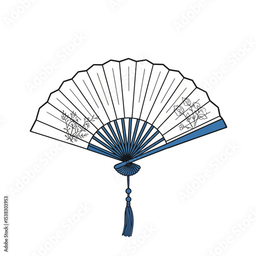 Elegant Blue and White Hand Fan Illustration
