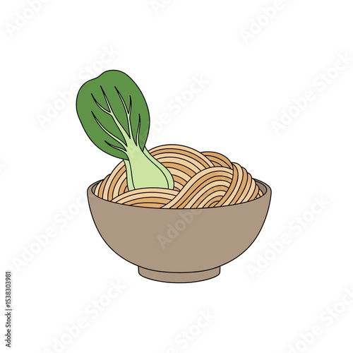 Noodle Bowl with Bok Choy - Asian Cuisine Illustration