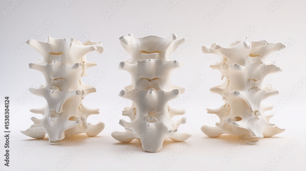 Obraz premium Ultra-detailed 3D medical rendering of human lumbar vertebrae L1 to L5, showcasing realistic bone structure and anatomical precision on a clean white background for educational and clinical use