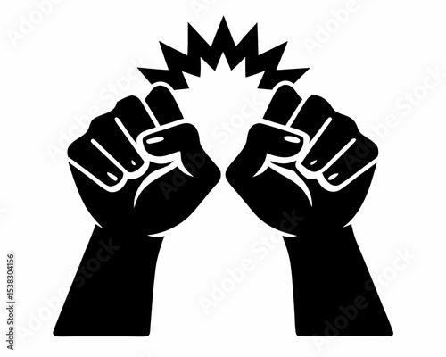 vector black silhouette Hands with serrated fists touching each other in accordance, minimalist style in just strokes black on white background
