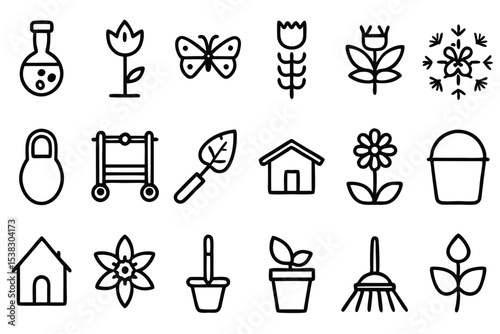 Minimalist black and white garden and nature themed icon set including flowers plants and outdoor tools