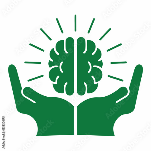 Green brain held by two hands symbolizing knowledge and intellectual concept