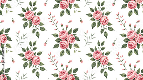 Wallpaper Mural Elegant watercolor floral seamless pattern with pink roses and lush green foliage on black background Torontodigital.ca