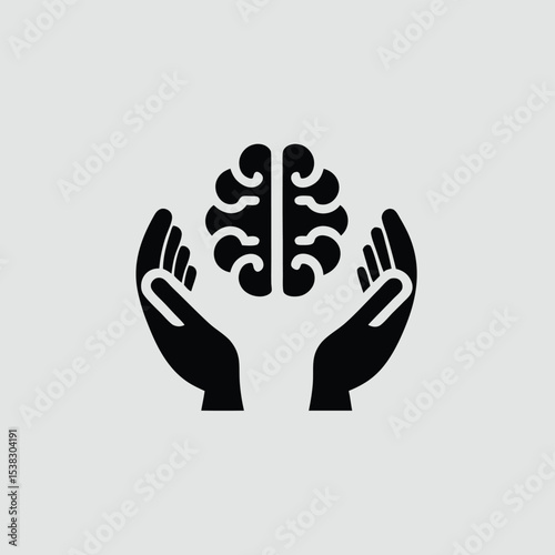 Brain icon held in hands representing ideas innovation and intellectual concepts