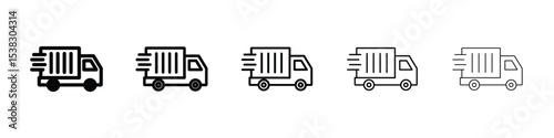 Moving truck icons in black stroke designs on white background