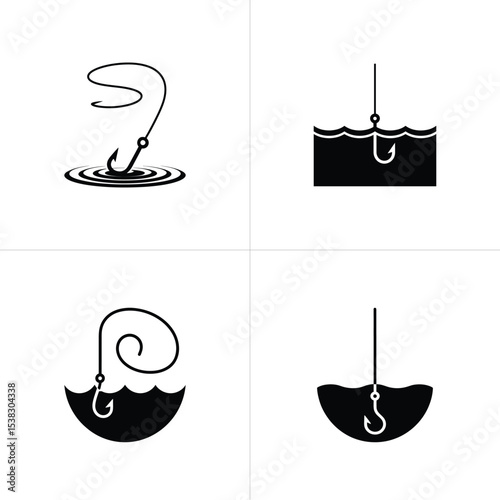 Fishing Hook Icon Set Four Different Black and White Illustrations in Water Scenarios