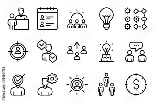 Set of business and management icons representing teamwork collaboration and success in a modern style