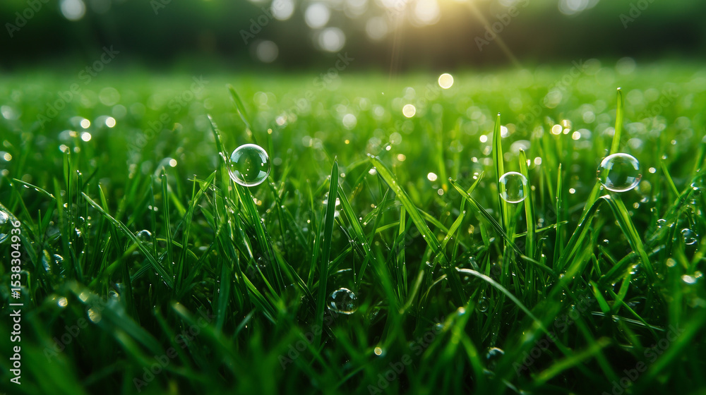 Fototapeta premium Bubbles, summer day, soap bubbles on green grass background.