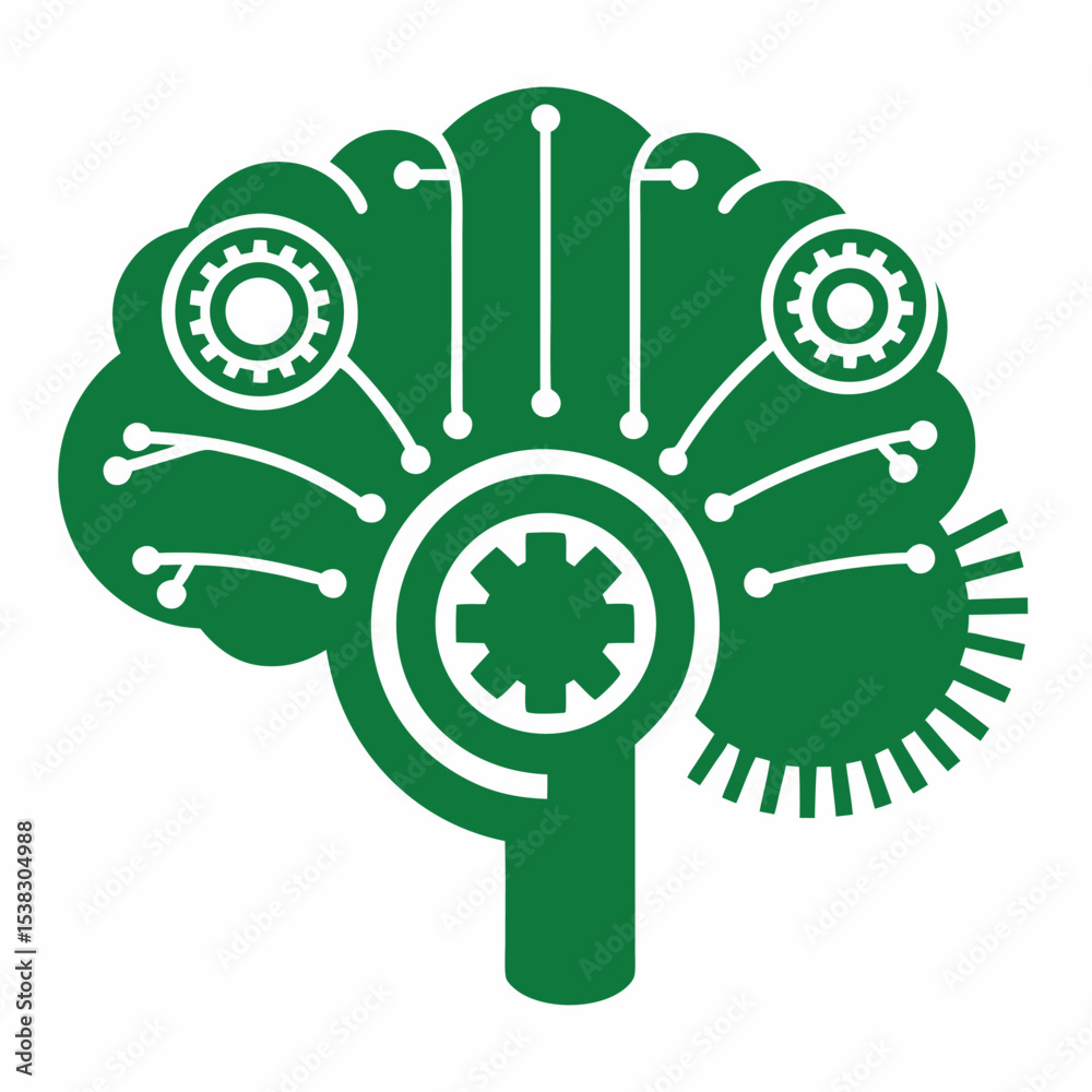 Green brain concept with gears and circuits representing futuristic artificial intelligence Green brain concept with gears and circuits representing futuristic artificial intelligence