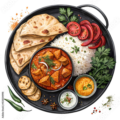 Delicious Indian Cuisine: Chicken Tikka Masala with Rice, Naan, and Assorted Vegetables