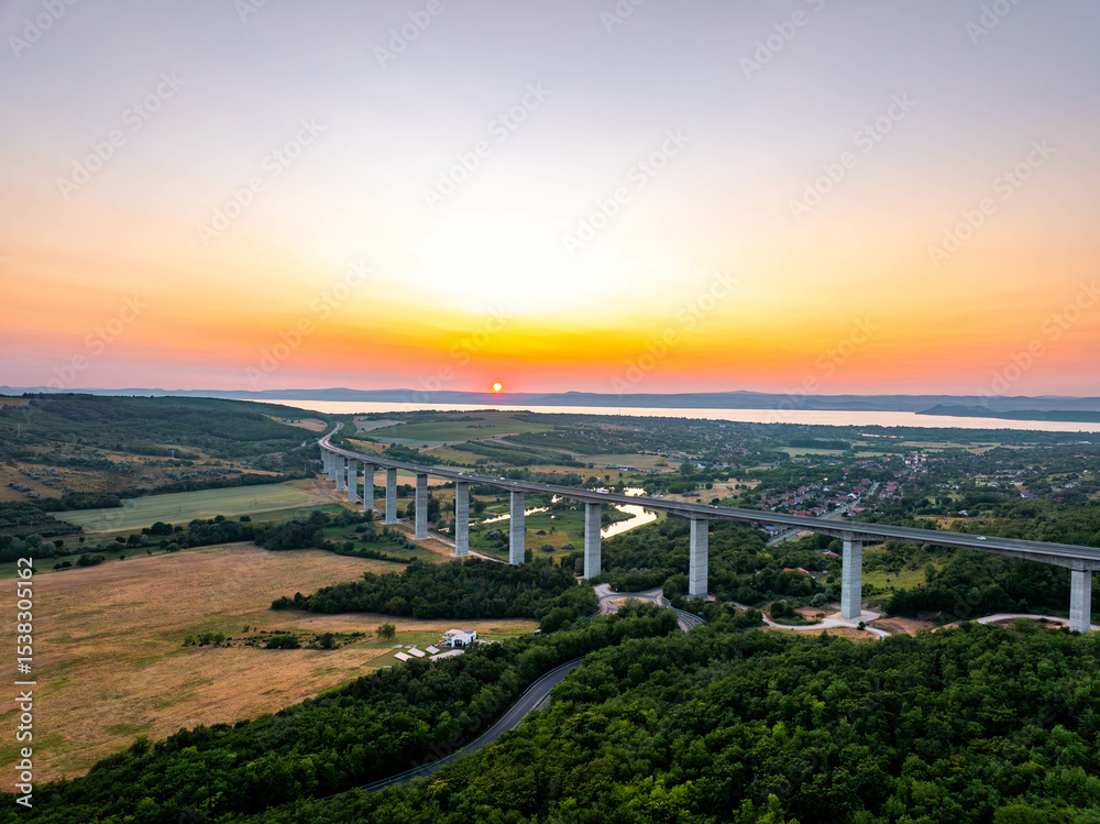 Fototapeta premium Kőröshegyi Völgyhíd (viaduct) Aerial Landscape photo during sunset, Balaton Hungary