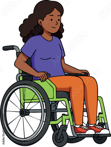 Young woman in wheelchair wearing purple shirt and orange pants sitting comfortably vector illustration 