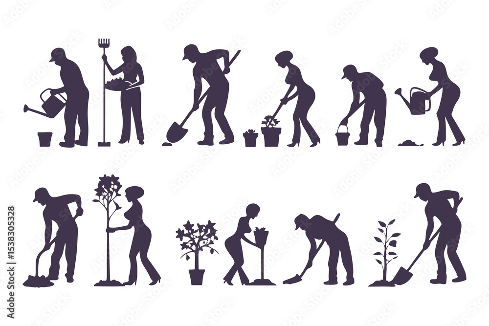 Obraz premium Silhouettes of workers performing outdoor tasks with tools. vector set of people digging, sweeping, raking, spraying, and cleaning.